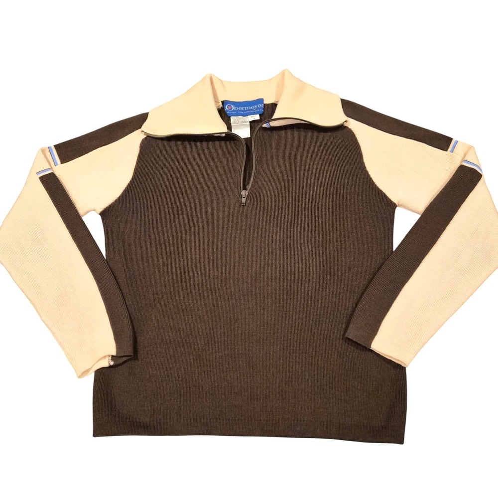 Vintage Obermeyer Drake Wool Quarter Zip Sweater Brown Cream Mens M 16BG30